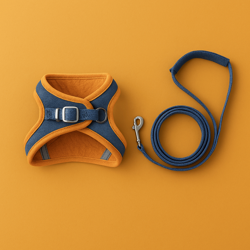 Tailton cat harness with matching leash, orange and blue