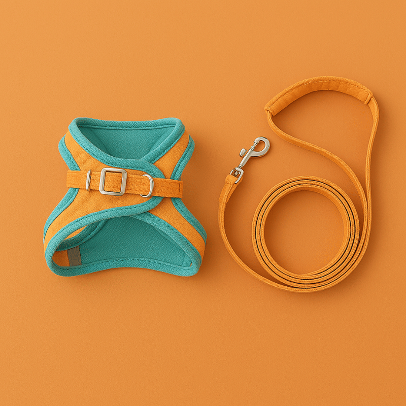 Tailton cat harness and matching leash flat lay