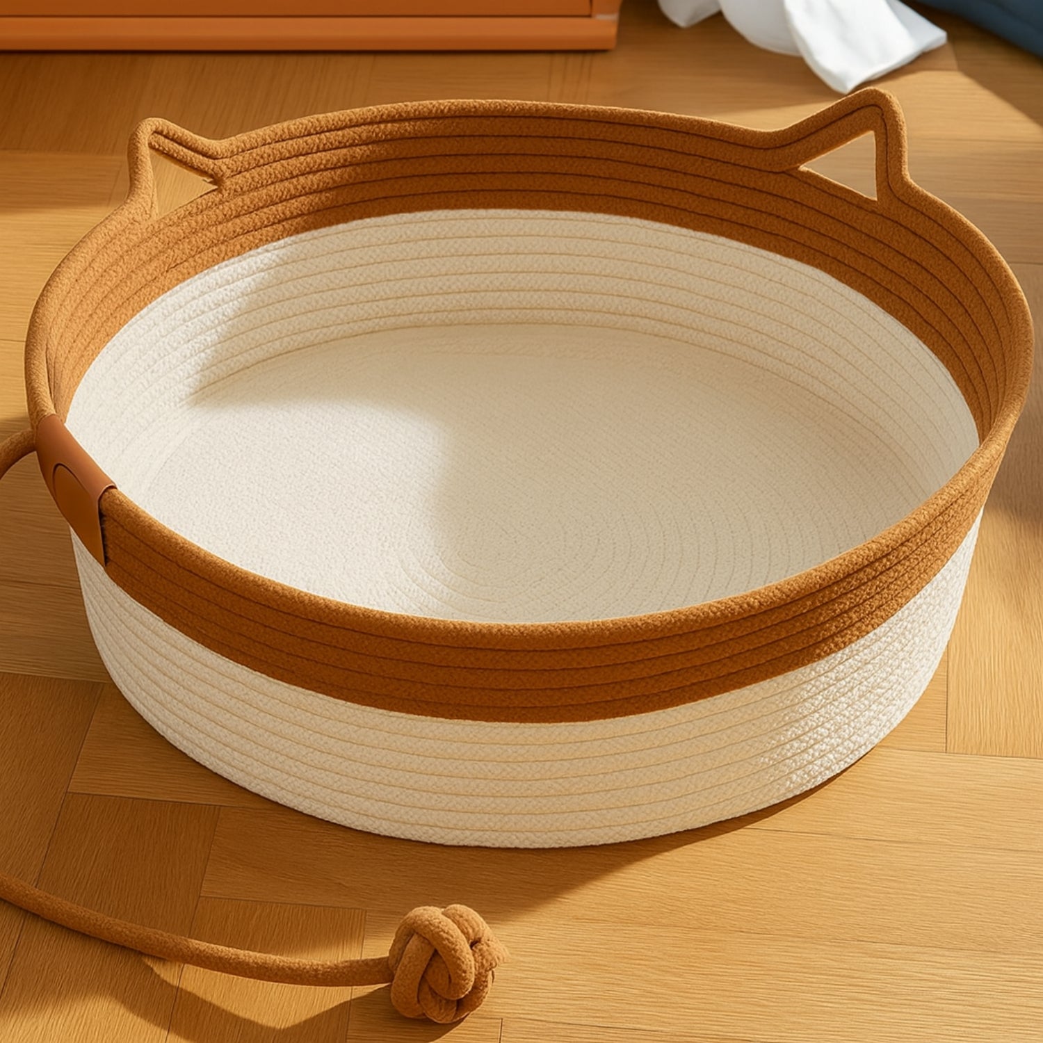 Tailton woven cat den in brown with cat-ear handles and yarn ball