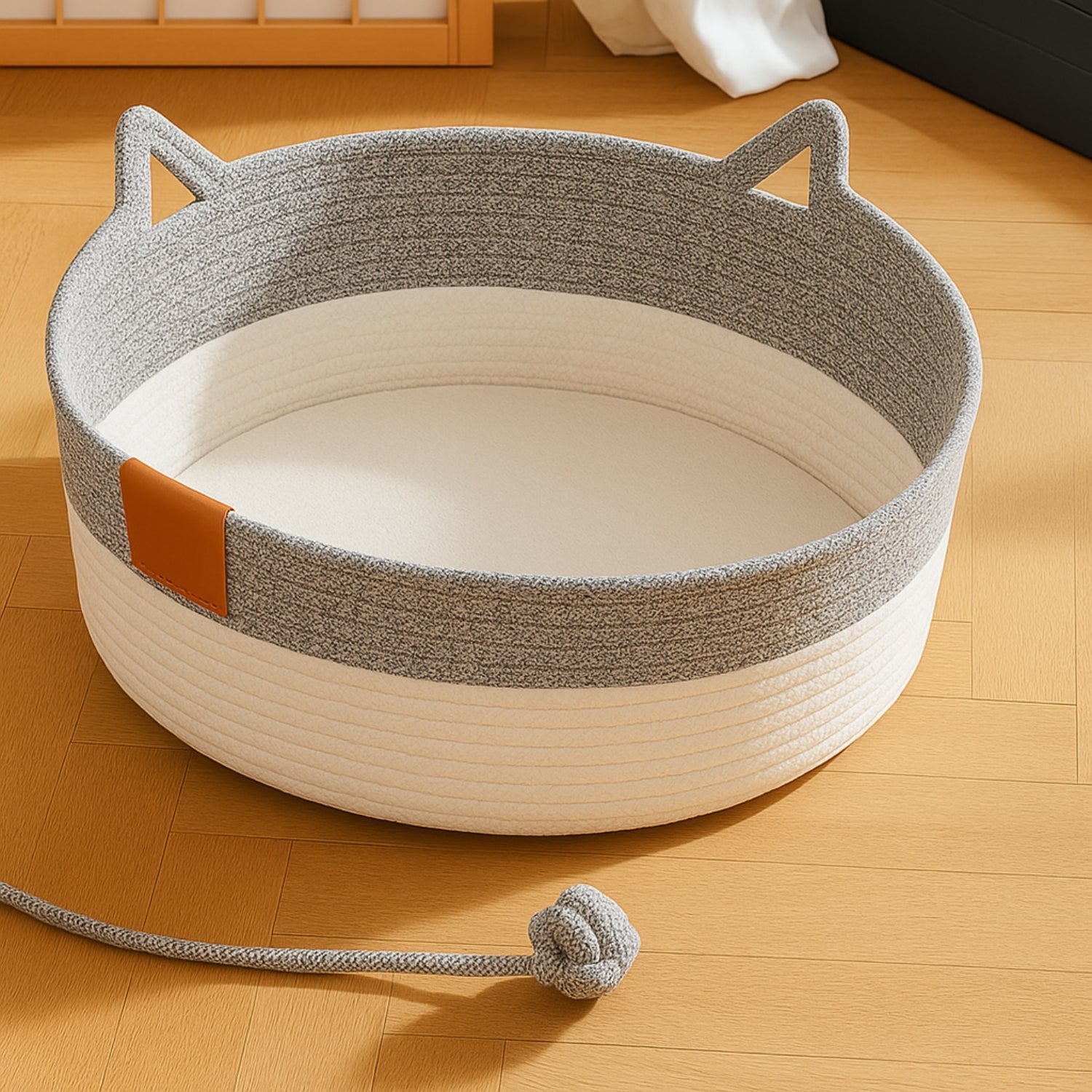 Tailton woven cat den in grey with cat-ear handles and yarn ball