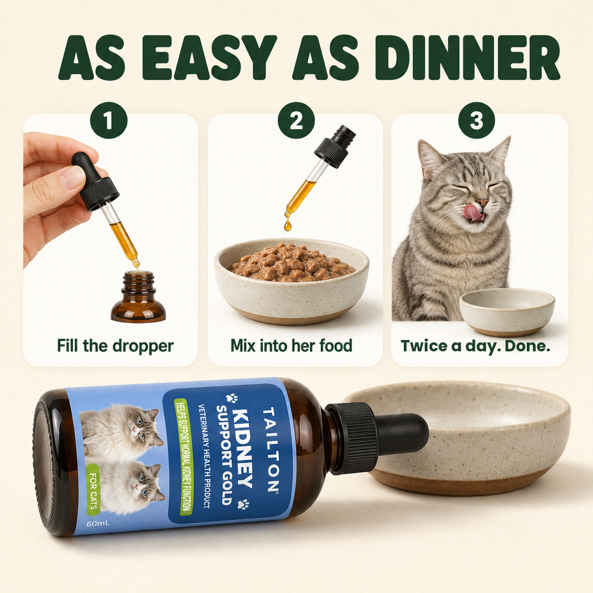 How to use: fill the dropper, mix into her food, twice a day