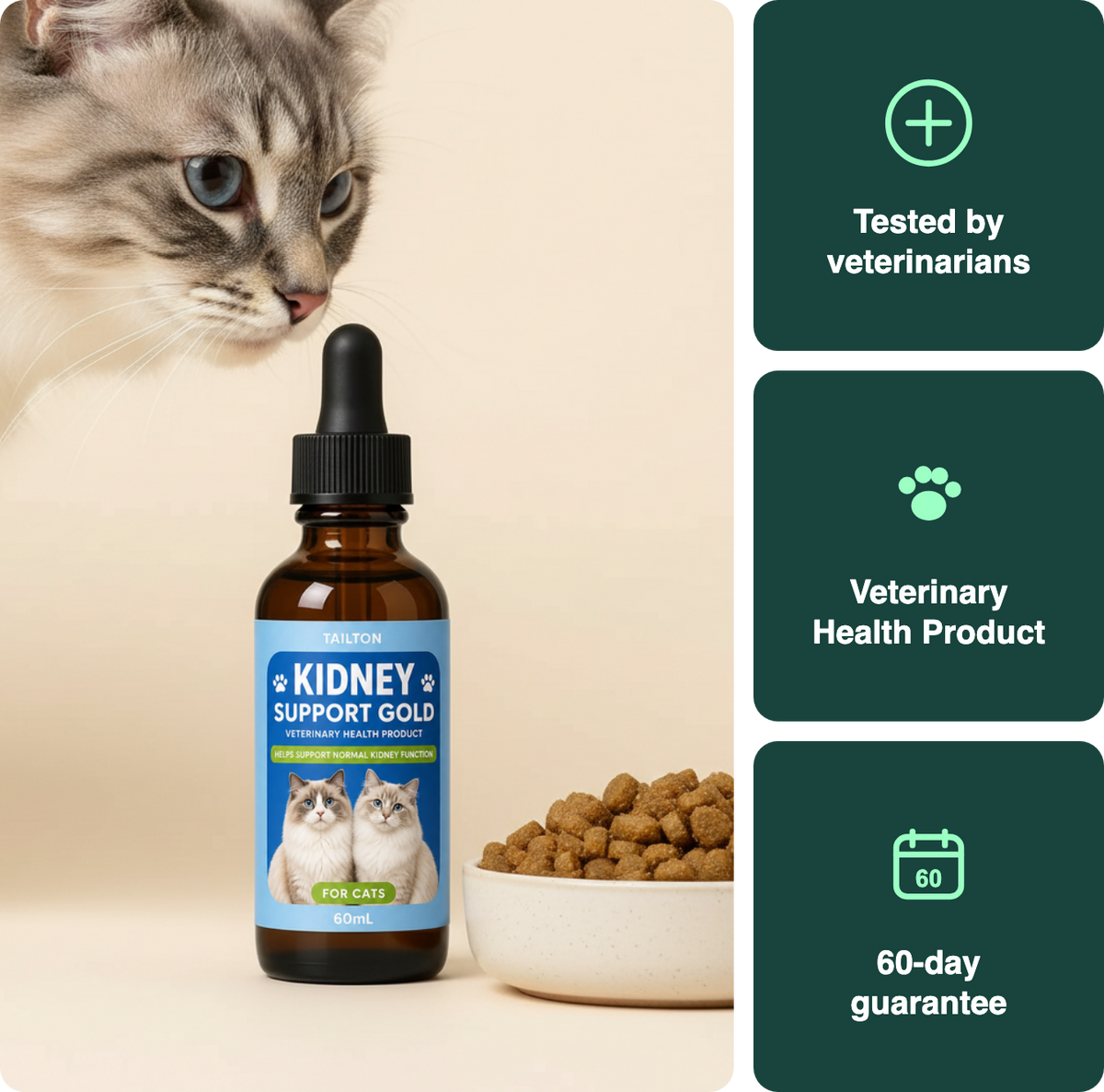 Tailton Kidney Support Drops — tested by veterinarians, Veterinary Health Product, 60-day guarantee