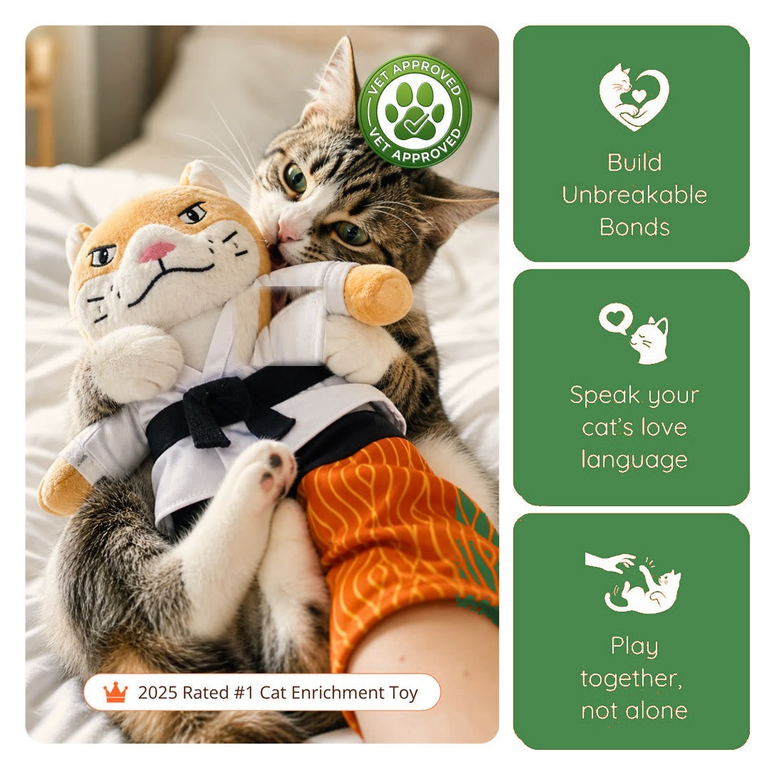 Cat cuddling the Sensei Cat puppet - rated number one cat enrichment toy