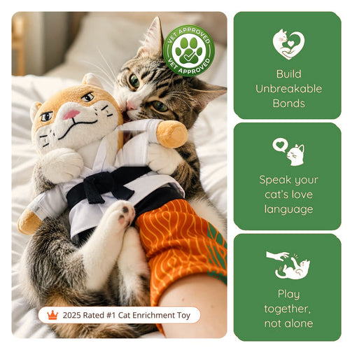 Cat cuddling the Sensei Cat puppet - rated number one cat enrichment toy