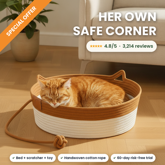 Ginger cat asleep in the Tailton handwoven cotton rope cat den, rated 4.8 out of 5 from 3,214 reviews