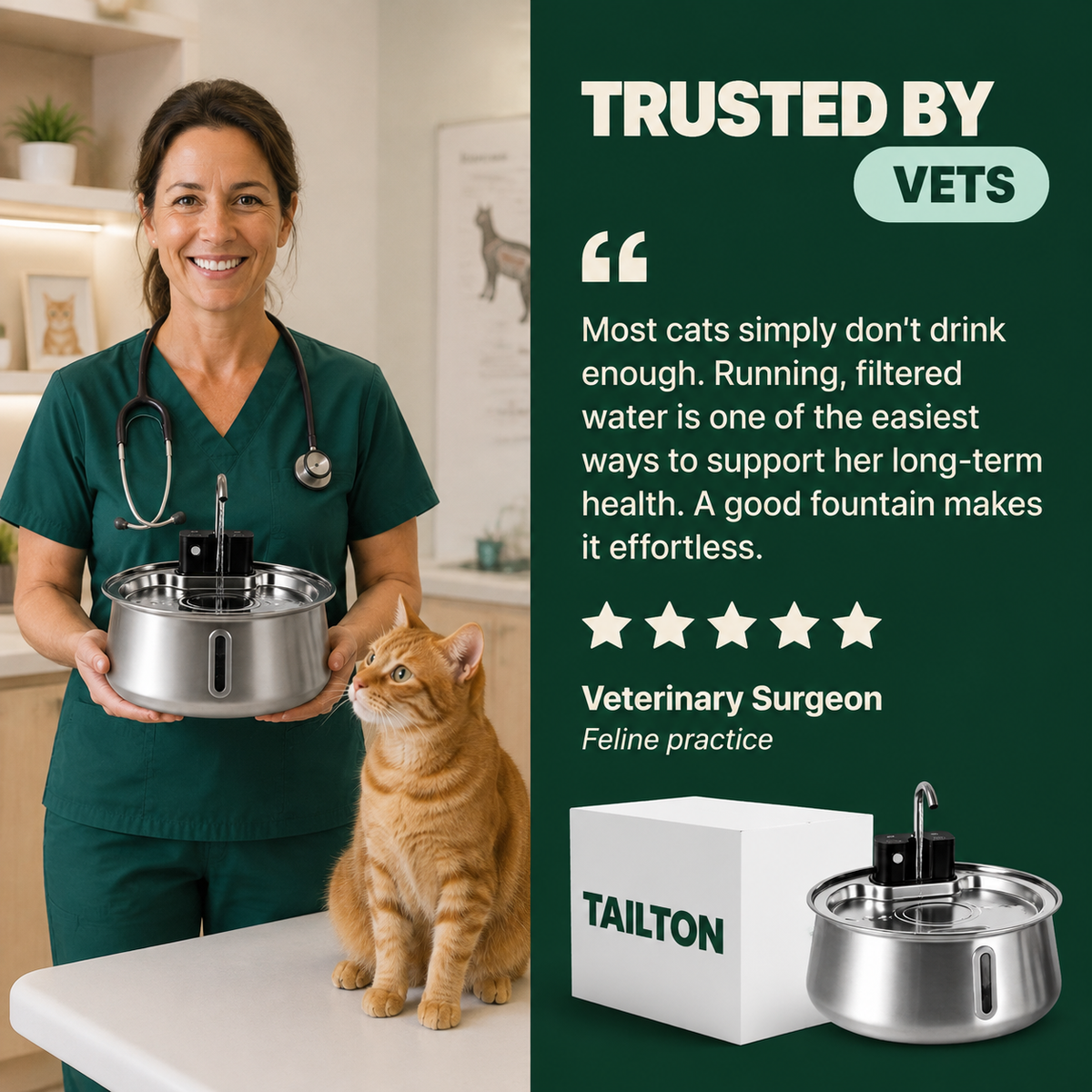 Tailton cat fountain — trusted by vets: veterinary surgeon with a cat and the fountain
