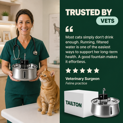 Tailton cat fountain — trusted by vets: veterinary surgeon with a cat and the fountain