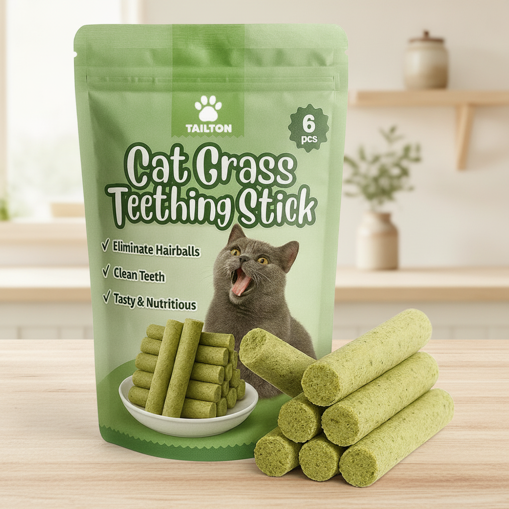 Tailton Cat Grass Teething Sticks pack on kitchen table