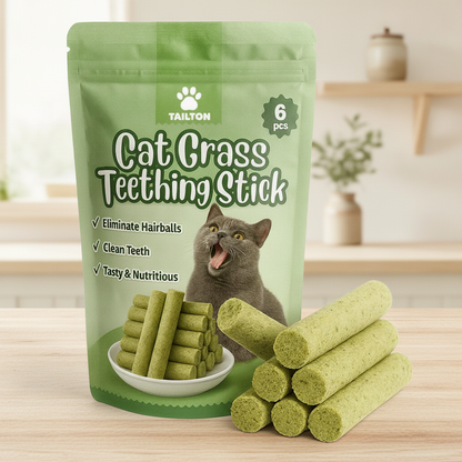 Tailton Cat Grass Teething Sticks pack on kitchen table