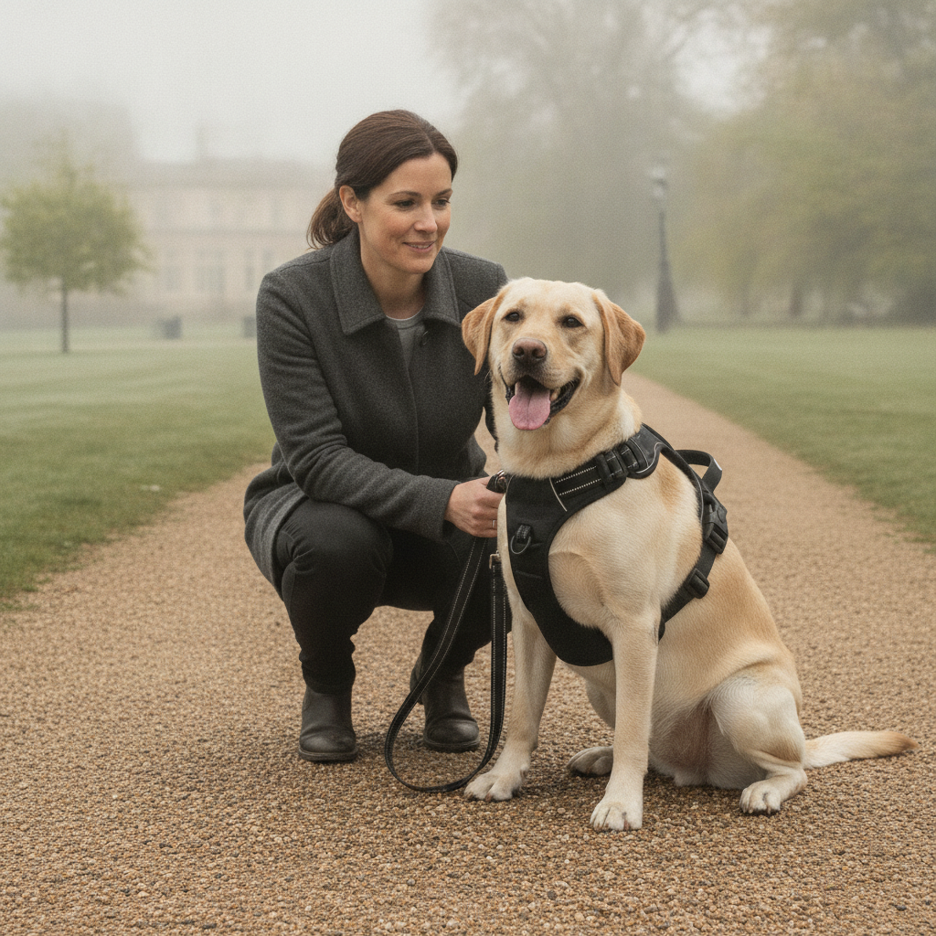 Owner and labrador on a park path with the harness on