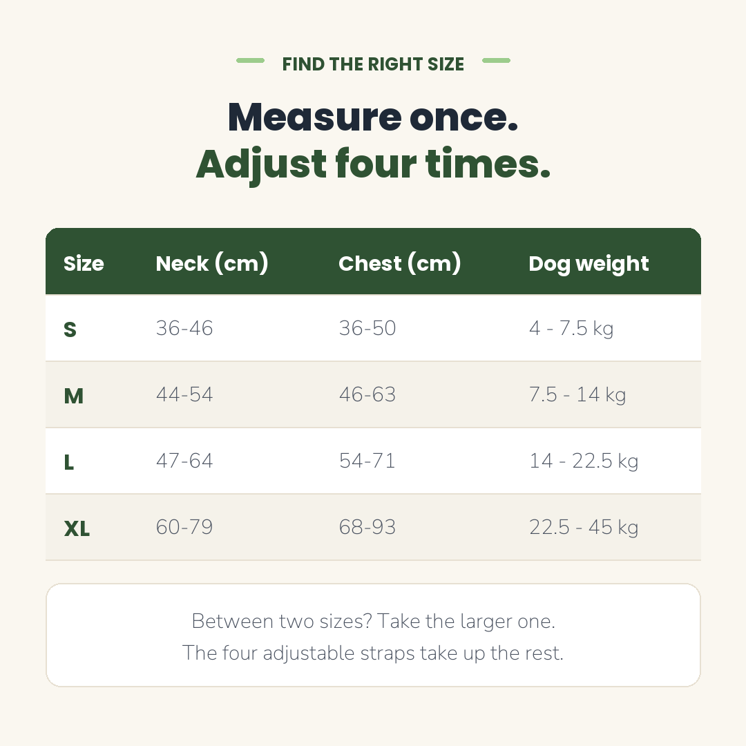 Size chart: neck, chest and dog weight for S, M, L and XL