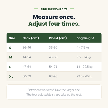 Size chart: neck, chest and dog weight for S, M, L and XL