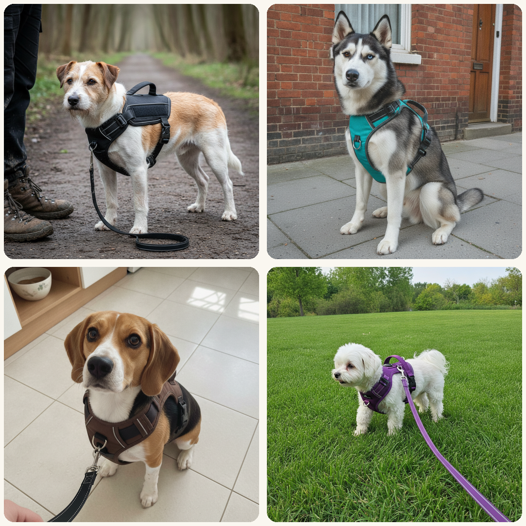 Dogs of all sizes wearing the Tailton no-pull harness