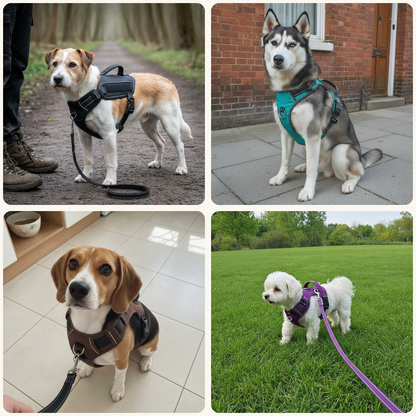 Dogs of all sizes wearing the Tailton no-pull harness