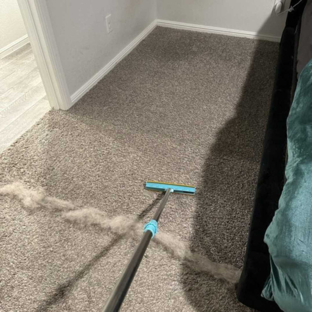 The long-handle hair remover pulling pet hair out of a carpet