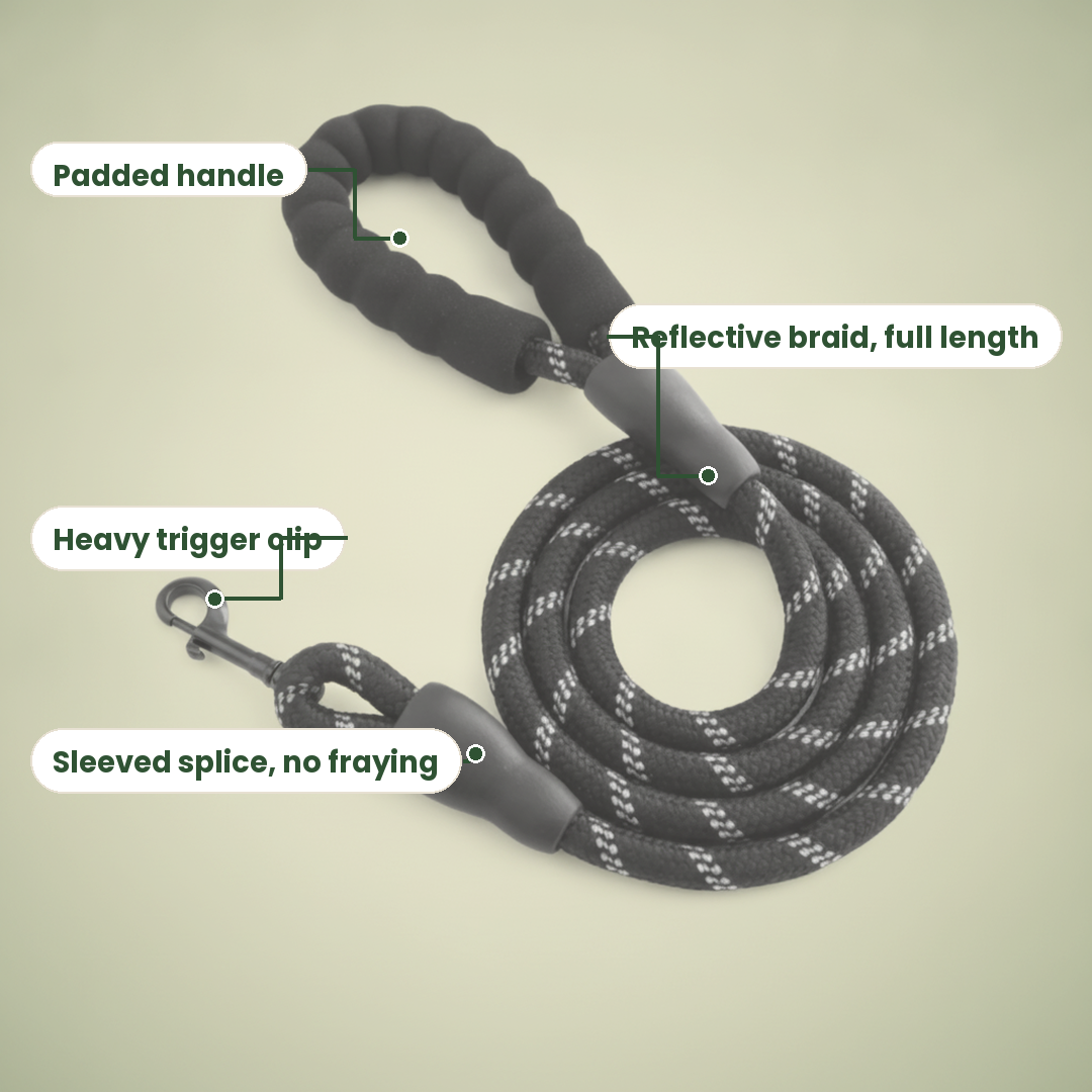 Padded handle, reflective braid, sleeved splice and trigger clip