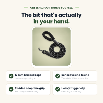12 mm braided rope, reflective full length, padded handle, heavy clip