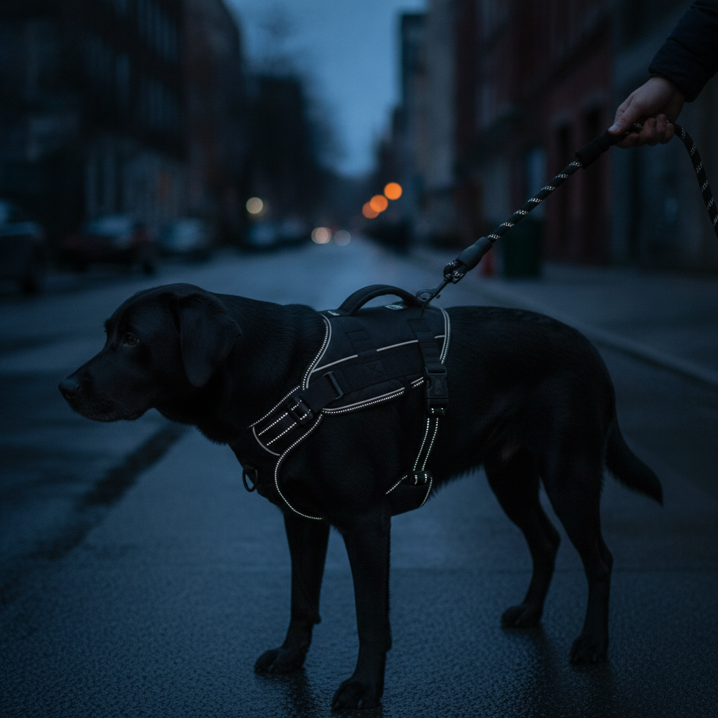 The reflective braid lighting up on a dusk pavement walk