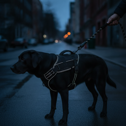 The reflective braid lighting up on a dusk pavement walk