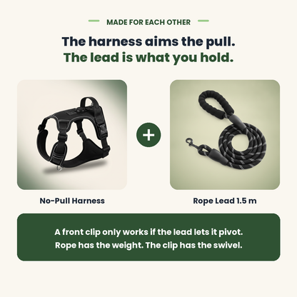 The no-pull harness and the rope lead used together
