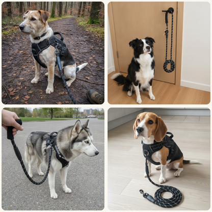 Dogs of all sizes walking on the Tailton rope lead