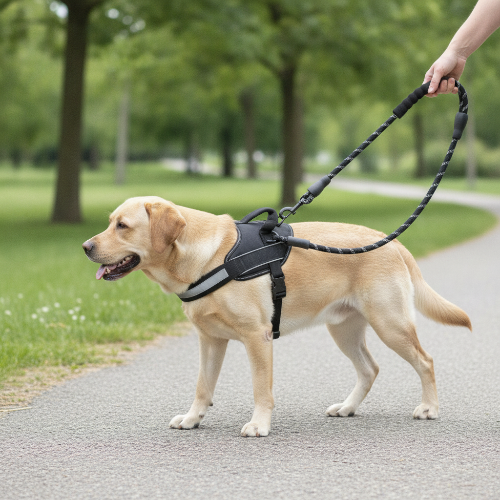 Labrador walking on a slack rope lead clipped to a no-pull harness