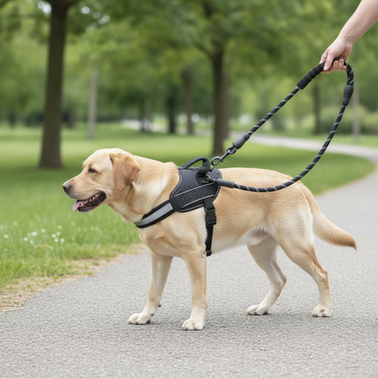 Labrador walking on a slack rope lead clipped to a no-pull harness
