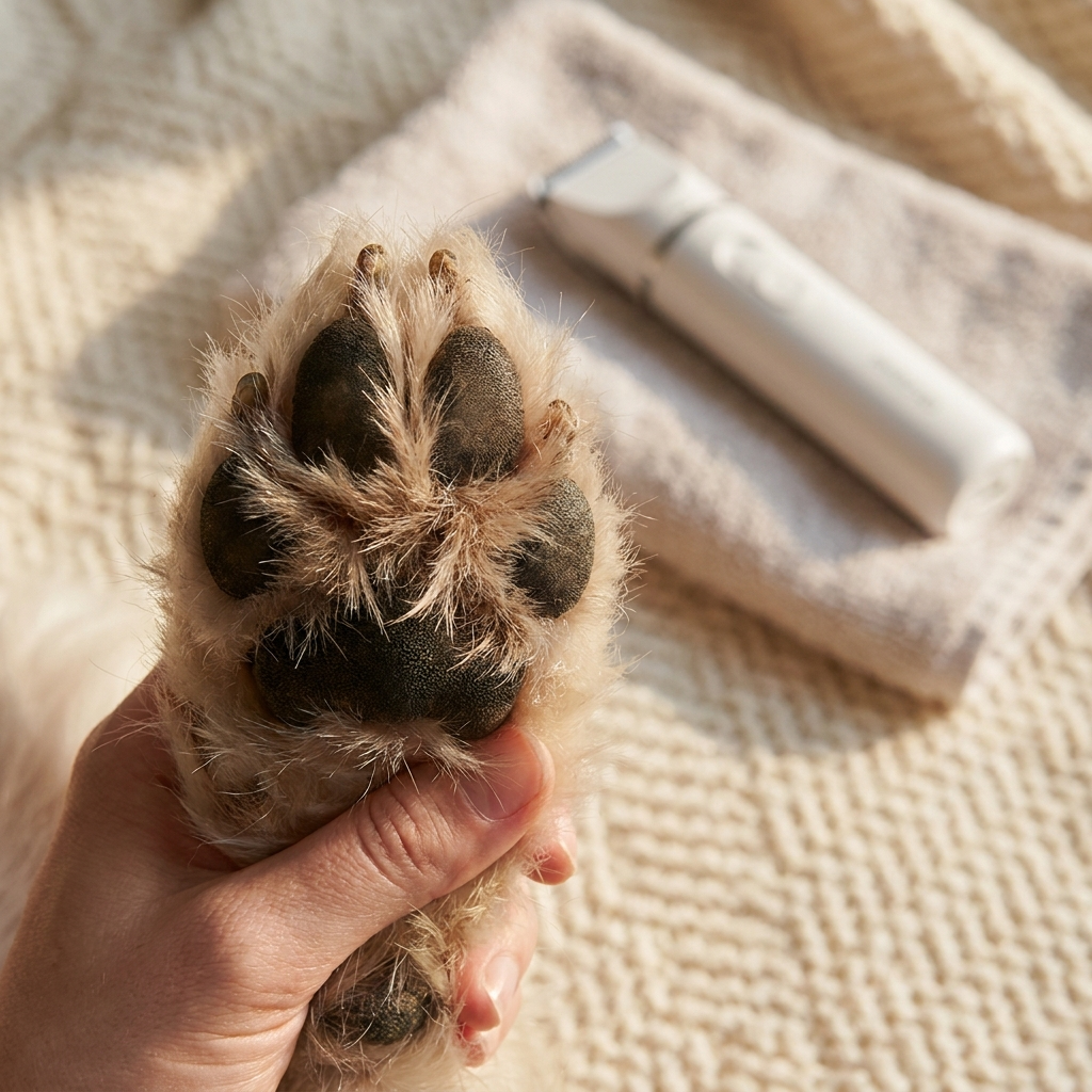 Before - overgrown fur between paw pads