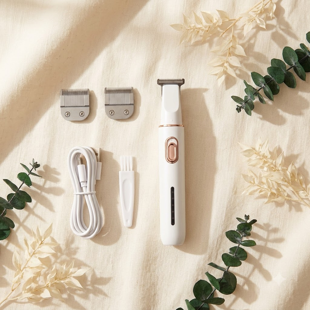 What's in the box - trimmer, spare blades, USB cable, brush