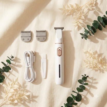 What's in the box - trimmer, spare blades, USB cable, brush