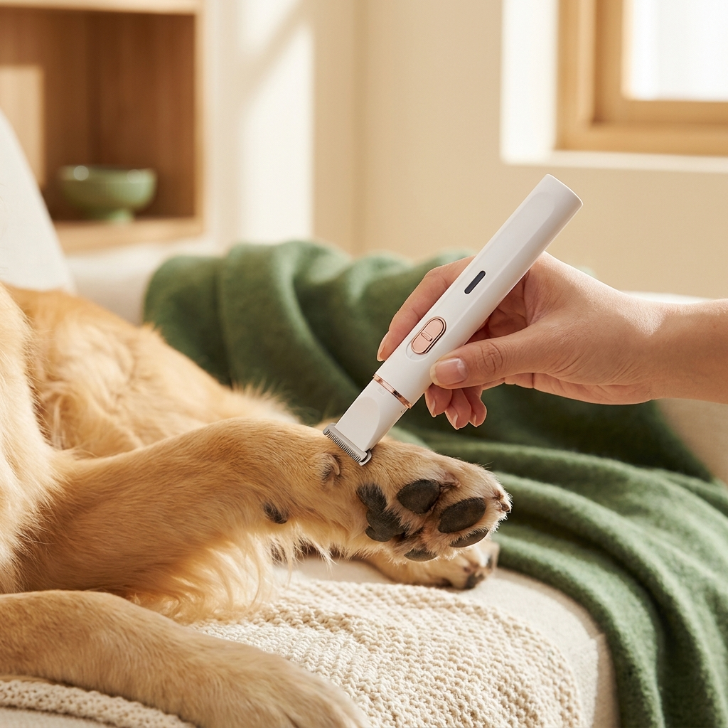 Trimming a calm golden retriever paw at home