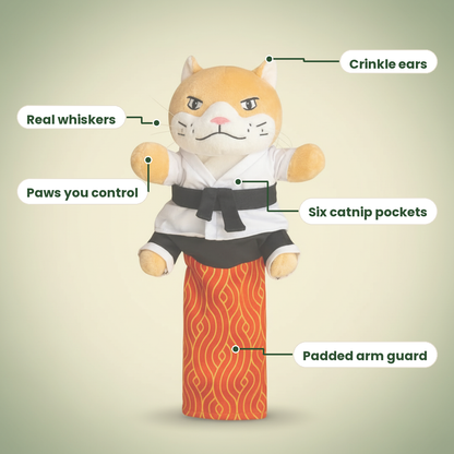 Crinkle ears, whiskers, hand-controlled paws and padded arm guard
