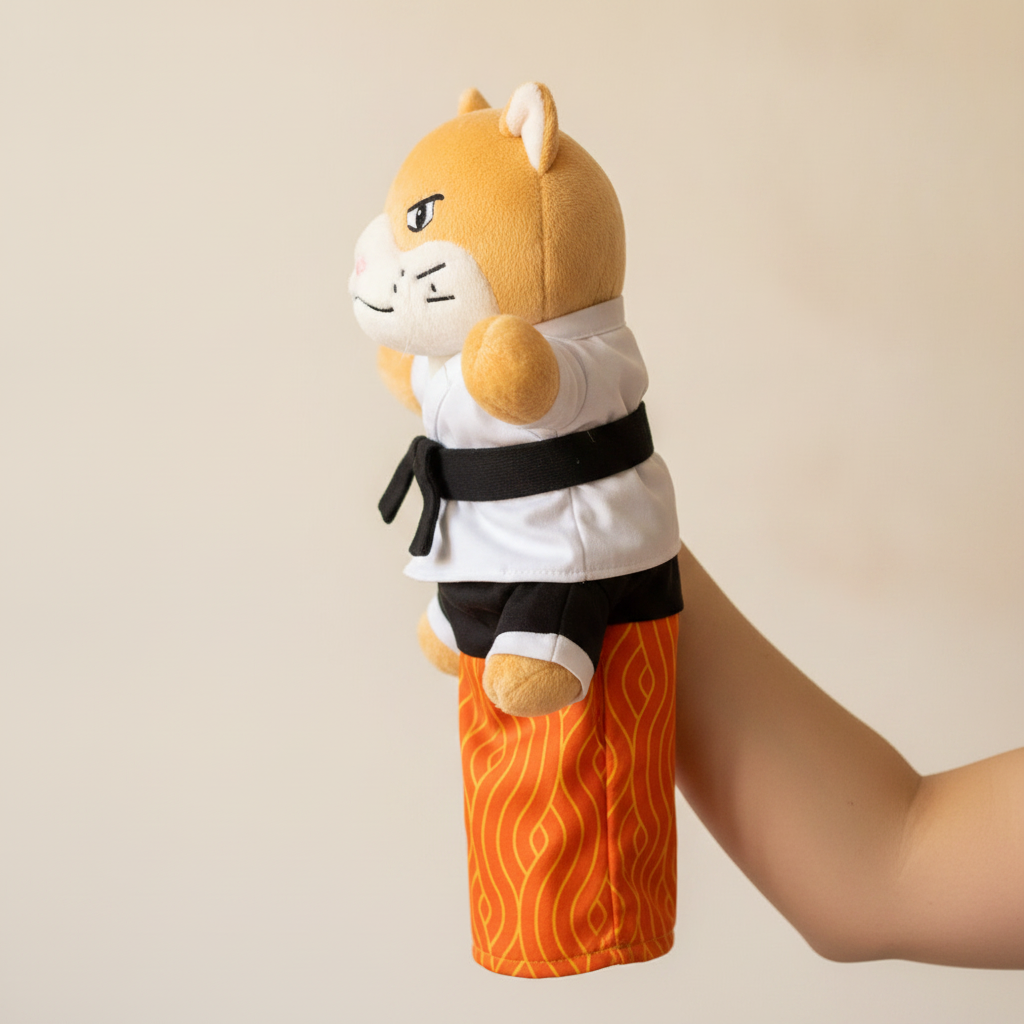 The puppet worn on a forearm showing the padded guard