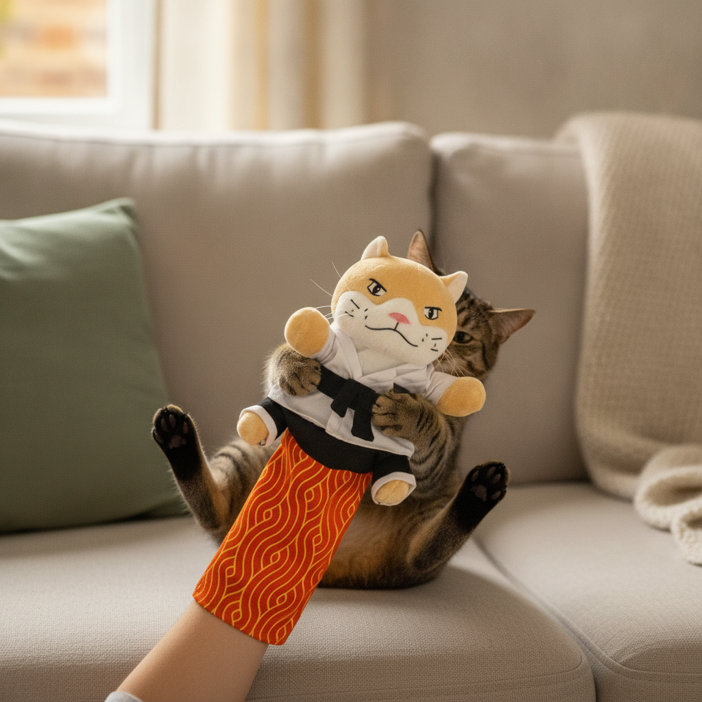 Cat wrestling the Sensei Cat puppet on a sofa