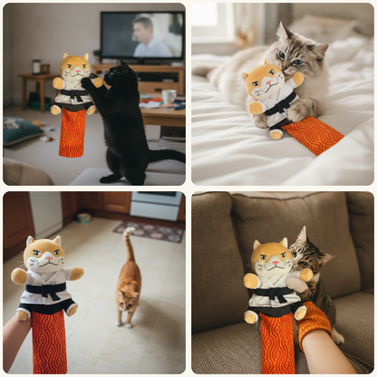 Cats playing with the Tailton Sensei Cat puppet