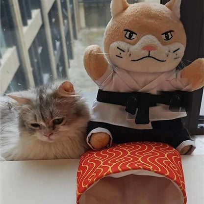 A real Sensei Cat wrestling puppet standing on a windowsill next to a fluffy cat